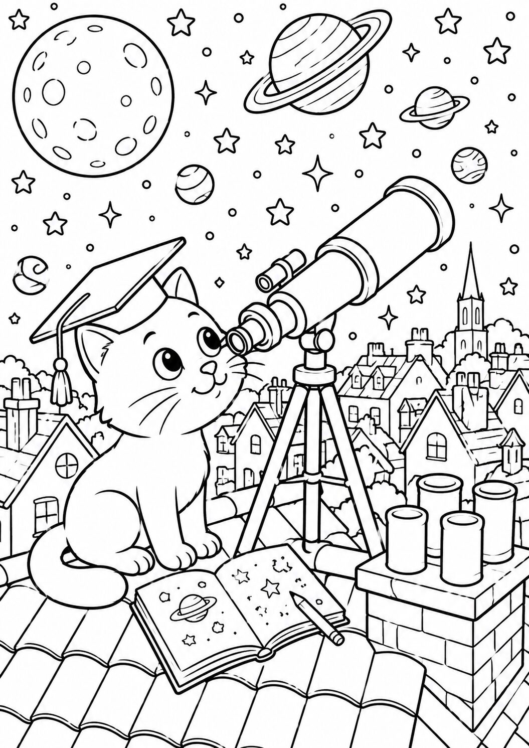 A cute cat observing stars and planets through a telescope on a rooftop. A night sky filled with celestial bodies offers a fun and educational coloring experience for children.
