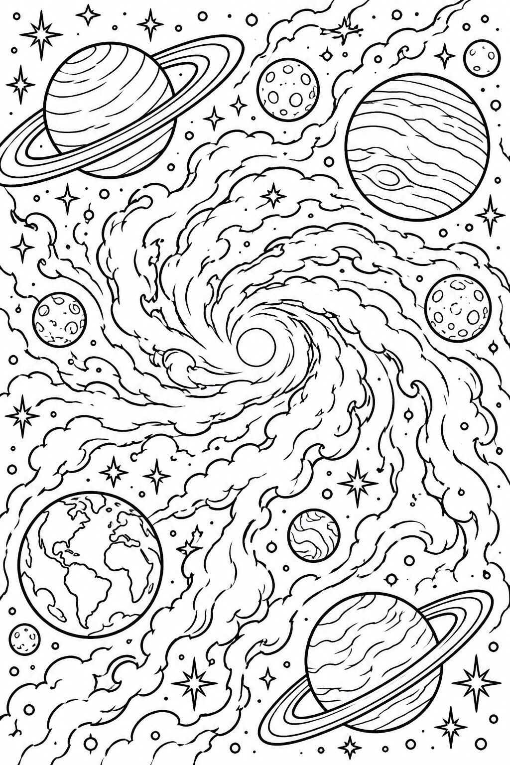 A vibrant space-themed coloring page depicting planets, swirling stars, and an expansive galaxy. Perfect for children to explore their creativity and bring the scene to life with a burst of colors.