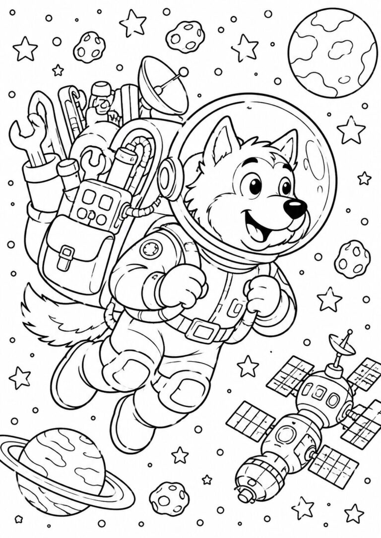 Fun coloring page of a space dog astronaut exploring the galaxy. Children will color a happy dog in a spacesuit, surrounded by stars, planets, and a satellite in the vast universe.