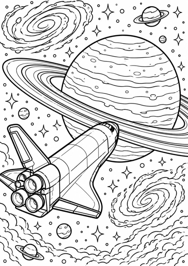 A coloring page depicting a spaceship flying through space, with planets, stars, and galaxies surrounding it. Children can color intricate details, including the rings of a large planet. Ideal for young space enthusiasts.