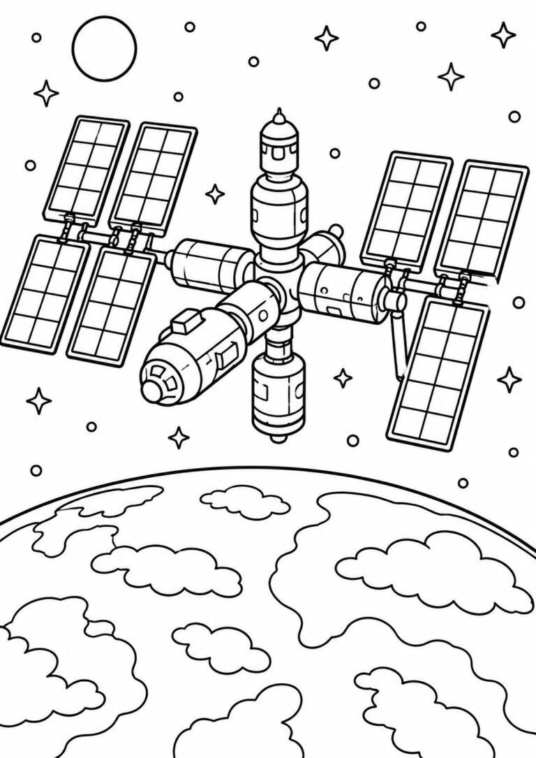 A detailed coloring page showing a space station with solar panels orbiting above Earth, surrounded by stars and celestial bodies. Perfect for young space enthusiasts.
