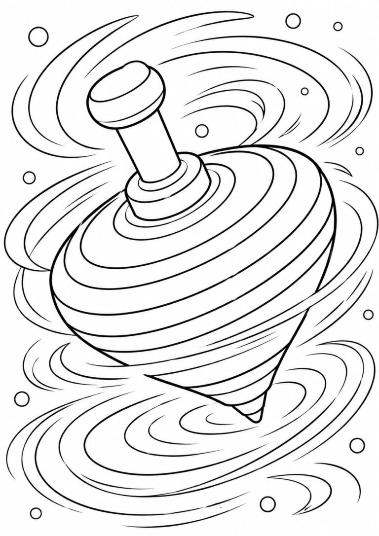 A detailed coloring page showing a spinning top in motion. The top is encircled by swirling lines, providing a dynamic effect. Ideal for kids to color a classic toy.