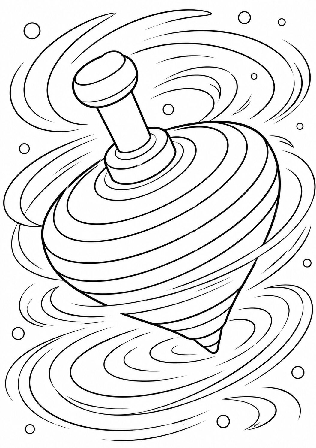 A detailed coloring page showing a spinning top in motion. The top is encircled by swirling lines, providing a dynamic effect. Ideal for kids to color a classic toy.