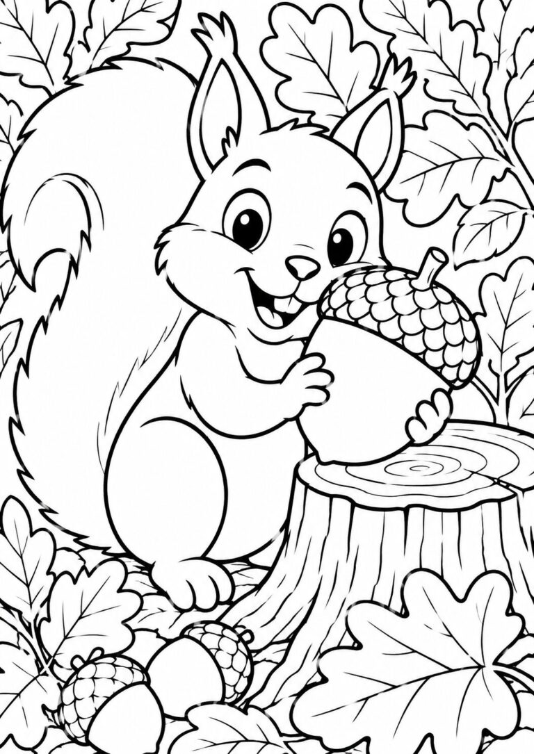 A happy squirrel with an acorn surrounded by leaves and a tree stump. Perfect for children to color and enjoy, offering a fun and educational experience with forest animals.