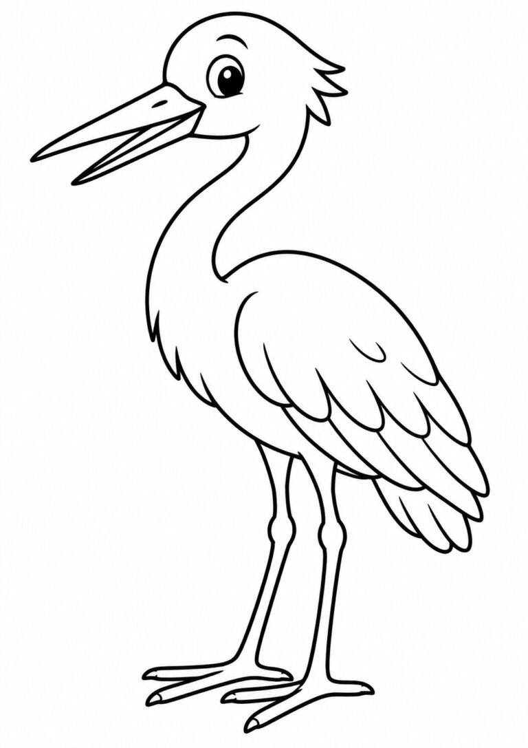 A cheerful stork illustration showing detailed feathers and a friendly expression, designed for children to color and enjoy. This simple bird outline encourages creativity and learning about avian life.