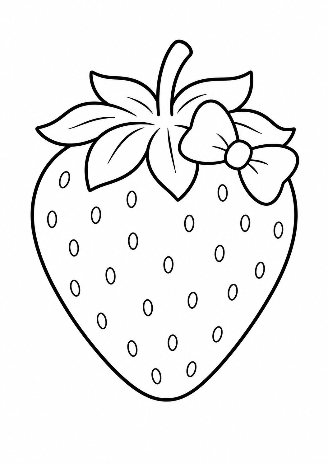 A detailed coloring page displaying a large strawberry decorated with a bow, offering a charming and fun design for children to color and enhance their artistic skills.