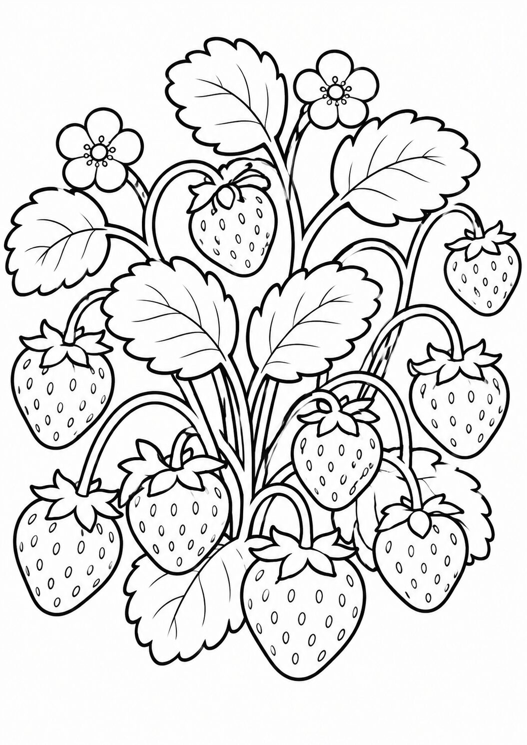 A detailed coloring page of a strawberry plant with ripe strawberries, leaves, and flowers for children to color, providing a fun and educational activity.