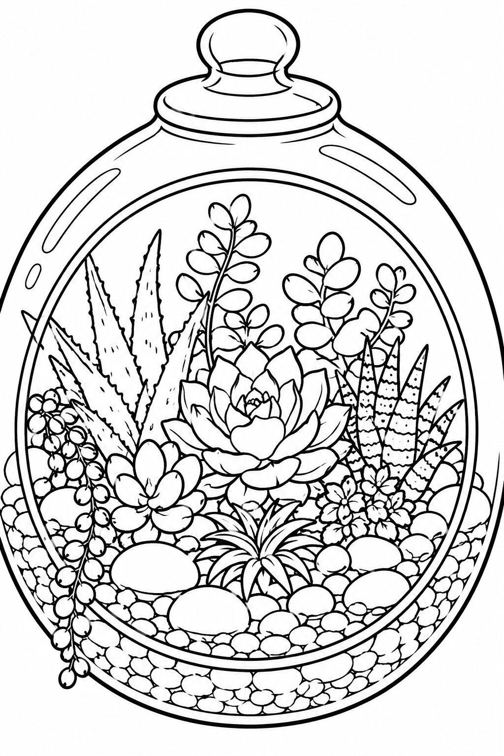 A detailed coloring page of a succulent terrarium in a glass container filled with various small plants and textures for coloring.