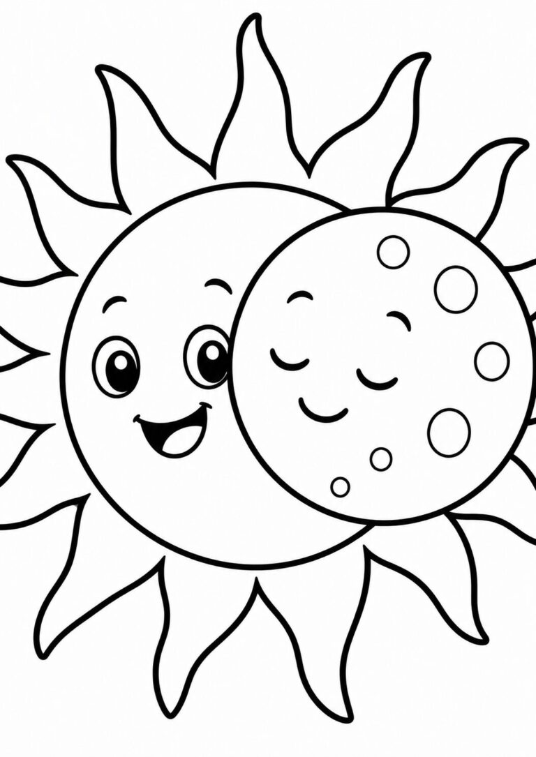 A cute sun with a smiling face next to a peaceful, sleeping moon. The illustration provides a simple yet charming scene for children to color and enjoy.