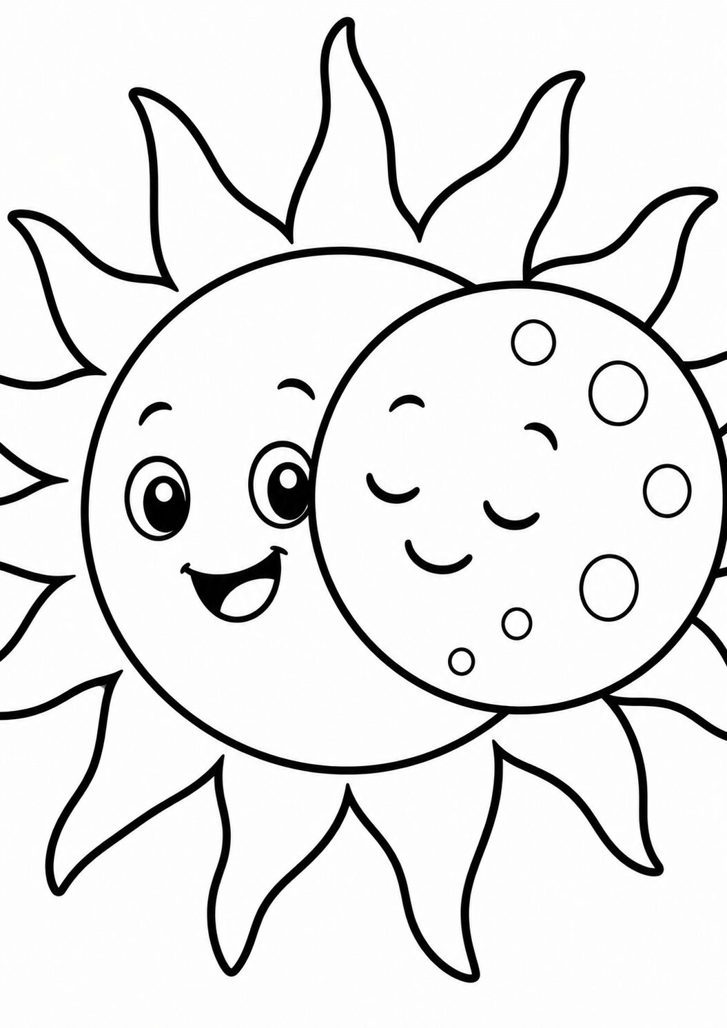 A cute sun with a smiling face next to a peaceful, sleeping moon. The illustration provides a simple yet charming scene for children to color and enjoy.