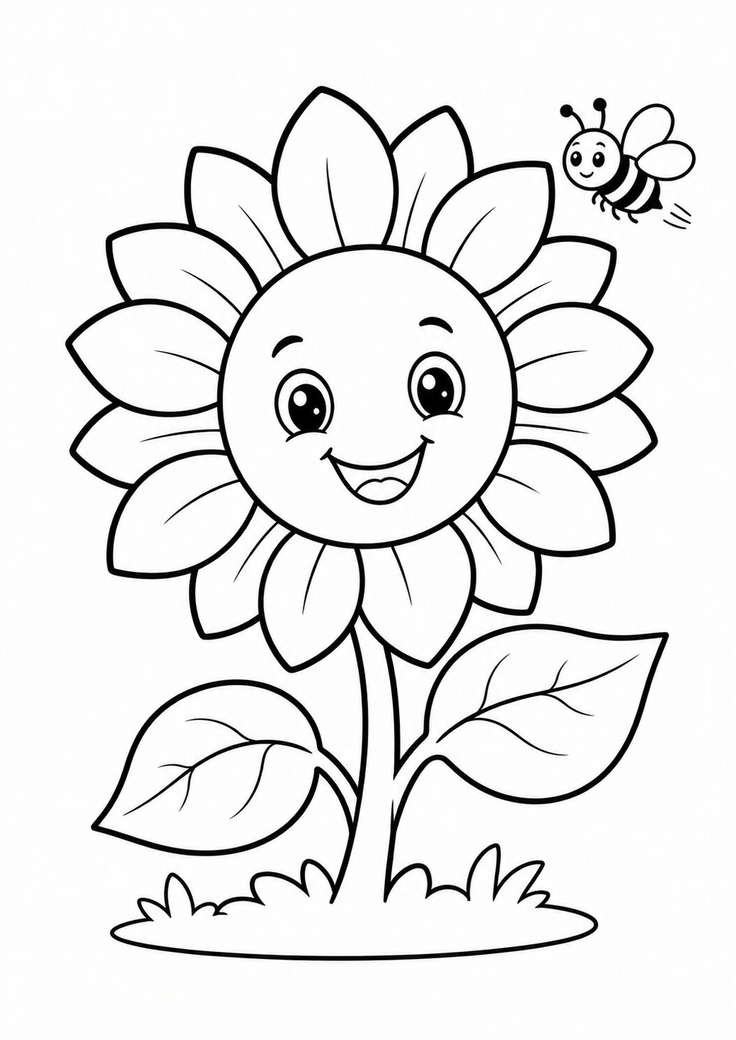 A happy sunflower with large petals and leaves, accompanied by a buzzing bee. Perfect for kids who enjoy coloring nature-themed pages.