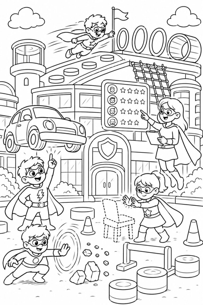 A vibrant coloring page depicting superhero kids showcasing their extraordinary powers in an urban setting. They engage in teamwork, flying, and using various superpowers.