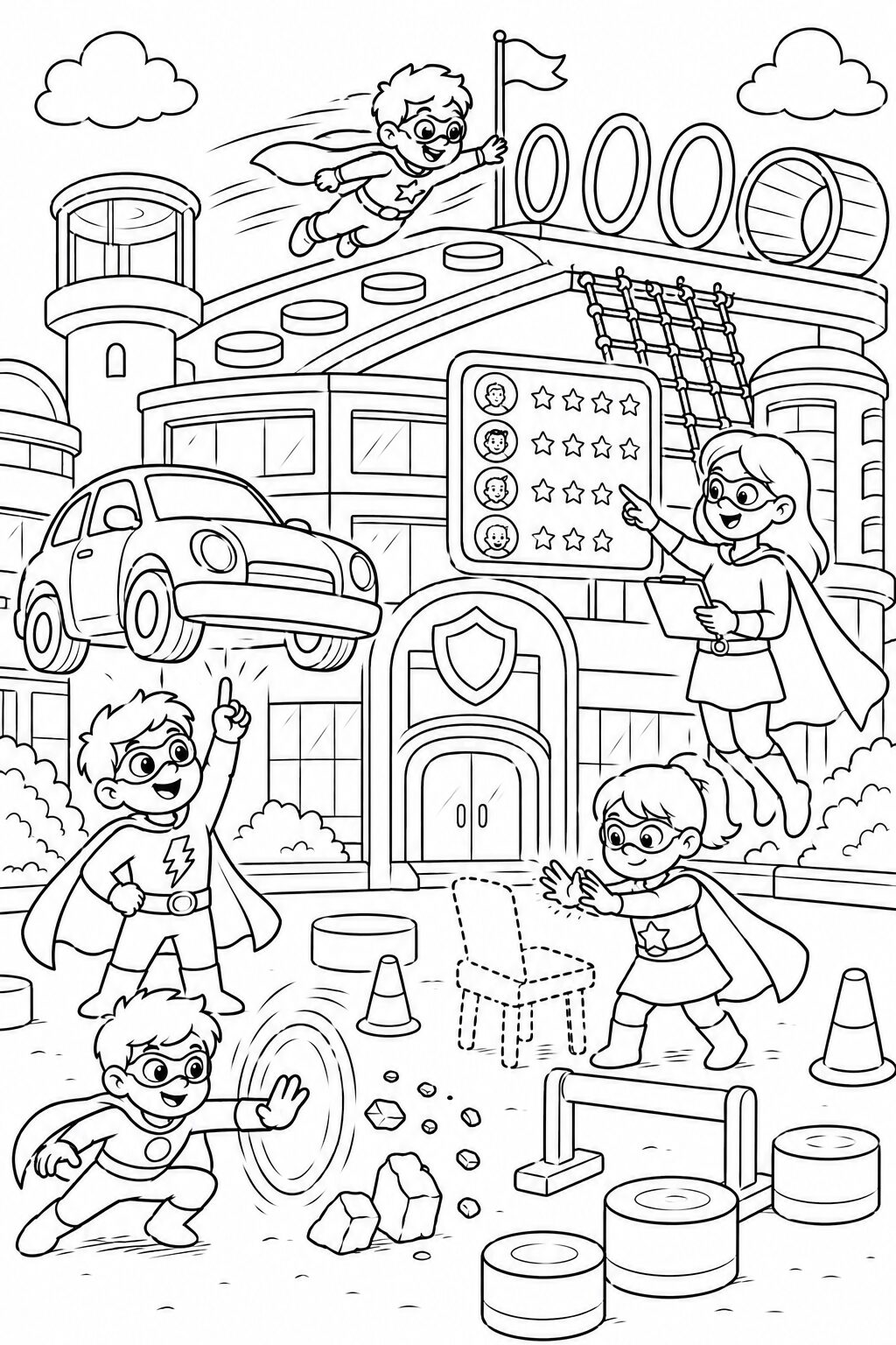 A vibrant coloring page depicting superhero kids showcasing their extraordinary powers in an urban setting. They engage in teamwork, flying, and using various superpowers.