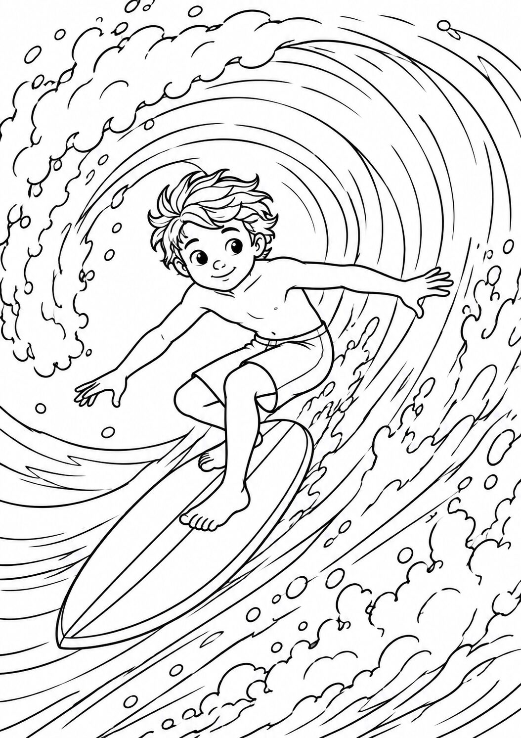 A child riding a surfboard on a large wave. The scene illustrates movement and excitement, perfect for children to color. It captures the essence of a sunny day at the beach.
