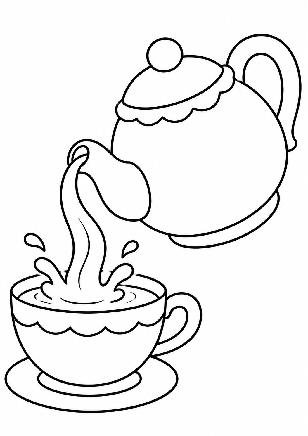 Coloring page showing a teapot pouring steaming tea into a cup with splashes. Great for kids to color and explore tea time fun.
