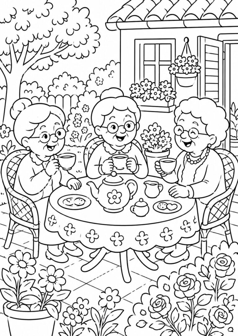 A coloring page showing an outdoor tea party with three elderly women. The scene includes a tea set, cookies, flowers, and a background with trees and a house.