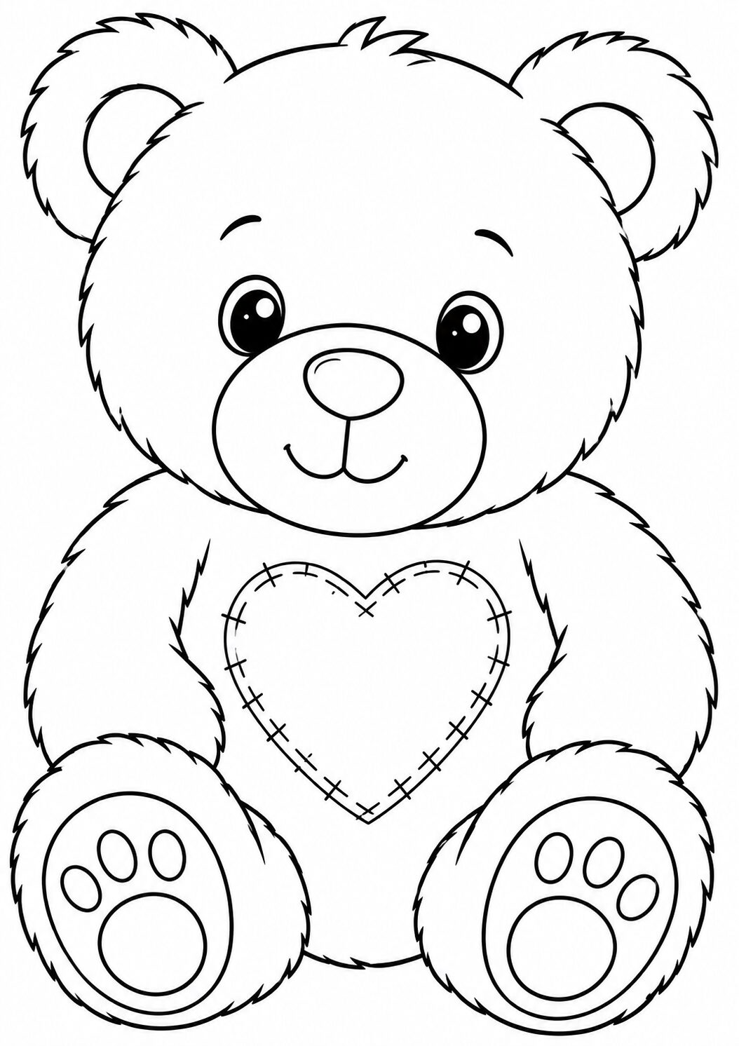 A cute teddy bear coloring page with a lovely stitched heart on its belly, perfect for kids. The bear has a friendly face and simple patterns on its paws, inviting creativity and engagement.