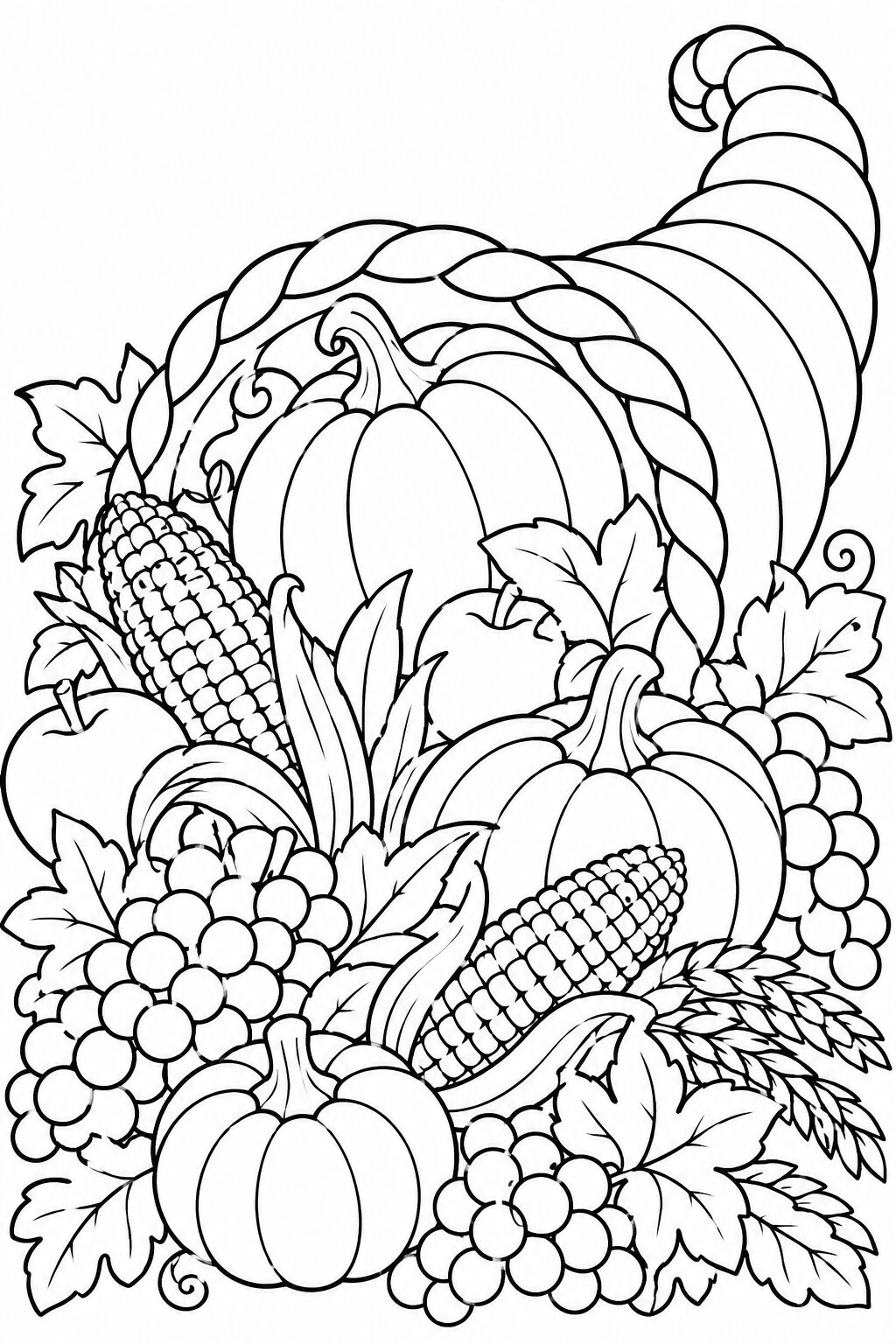A detailed Thanksgiving cornucopia coloring page showing pumpkins, corn, apples, grapes, and fall leaves, perfect for children's holiday coloring activities and learning about Thanksgiving traditions in a fun way.