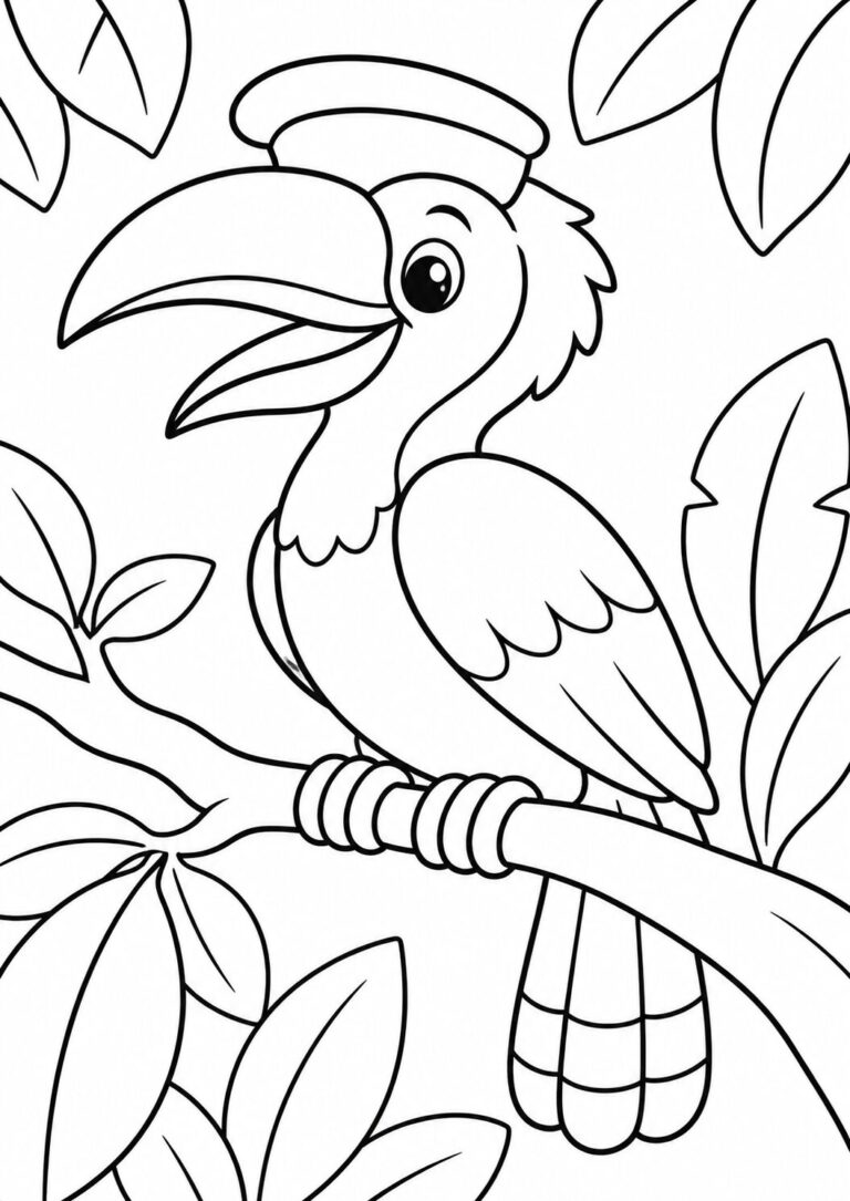 A delightful toucan sits on a tree branch, ready for coloring with large leaves surrounding it, providing an engaging canvas for children to explore their creativity using vibrant hues and imaginative designs.