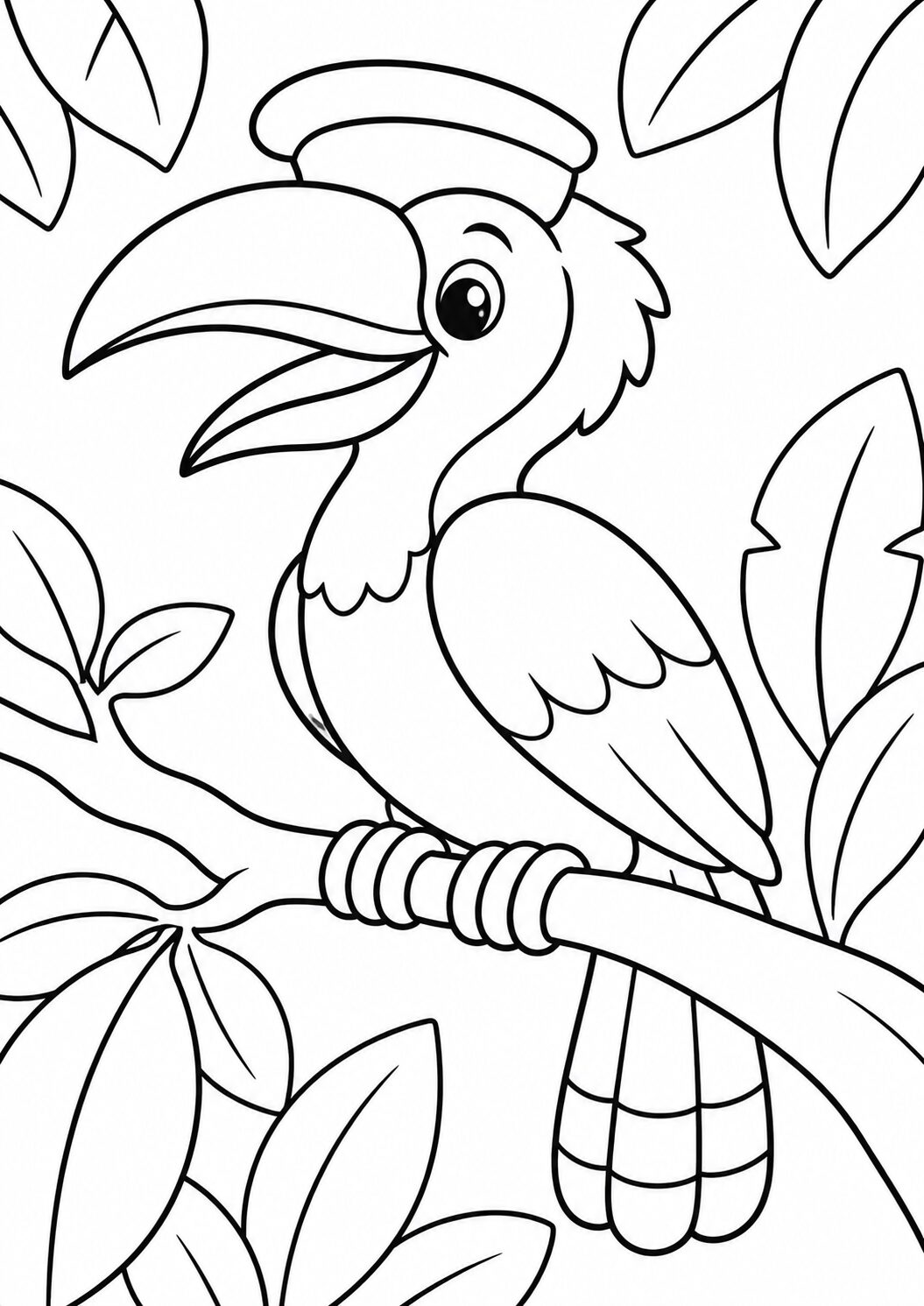 A delightful toucan sits on a tree branch, ready for coloring with large leaves surrounding it, providing an engaging canvas for children to explore their creativity using vibrant hues and imaginative designs.