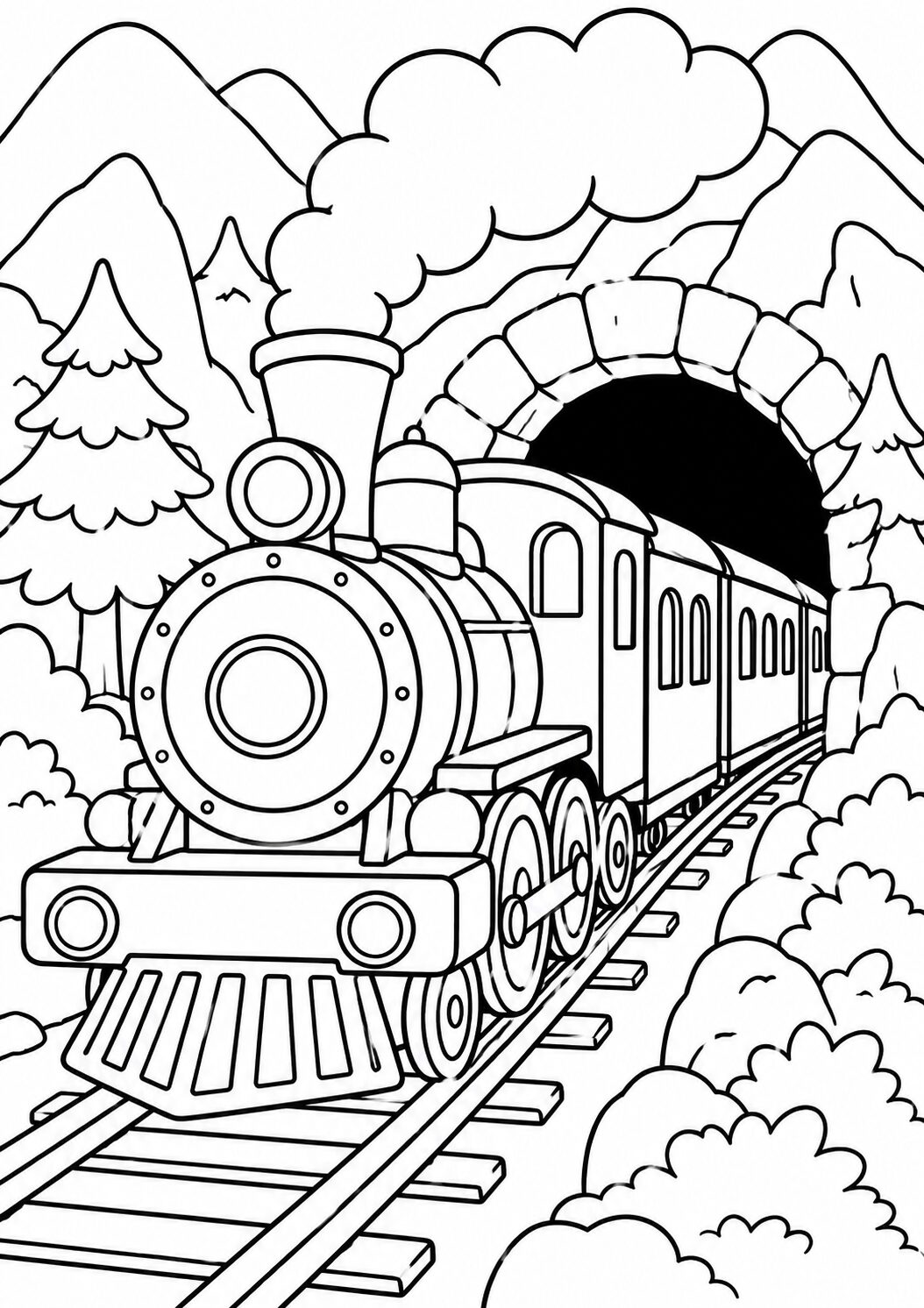 A coloring page showing a steam train emerging from a tunnel, surrounded by trees and mountains, providing a fun and adventurous theme for children to color.