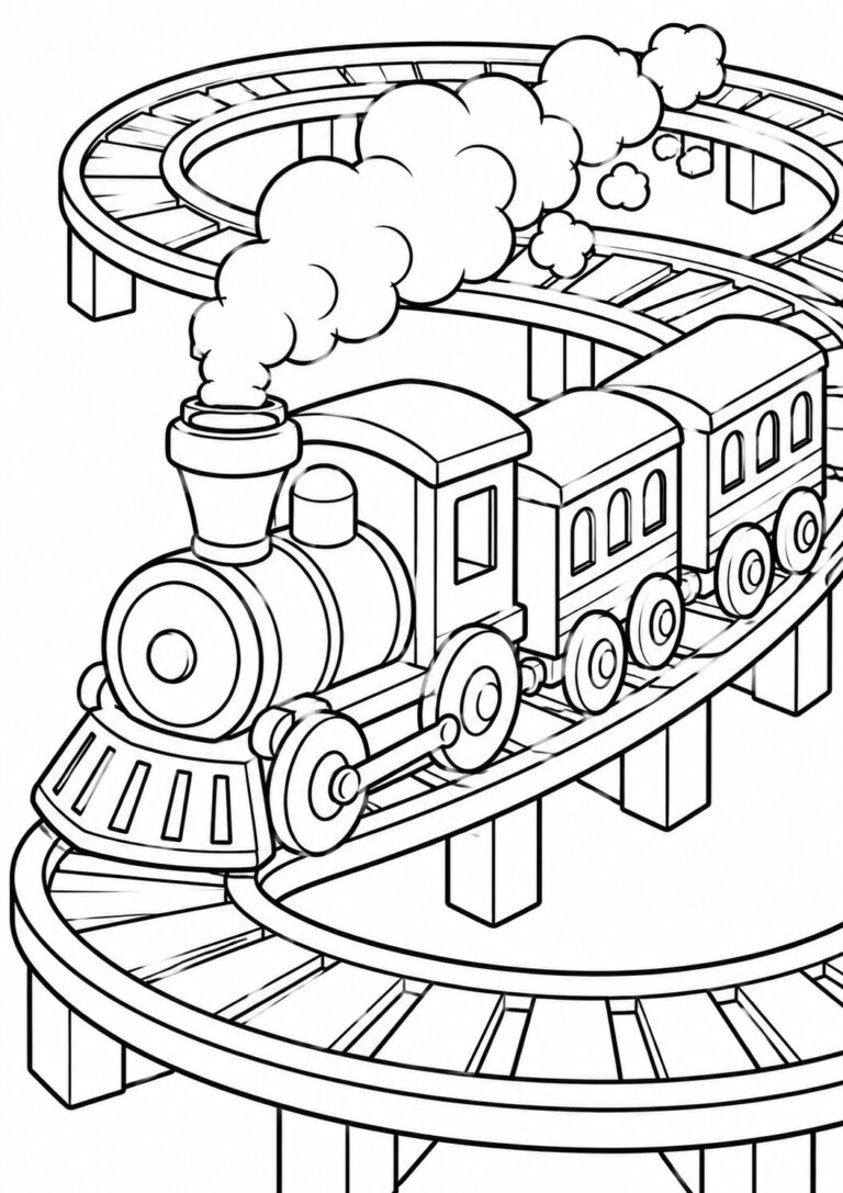 A fun train coloring page showing a steam engine on a turntable track. Kids can color the engine, tracks, and smoke. Ideal for young train enthusiasts to enjoy creative coloring sessions with this intricate illustration of a train in motion.