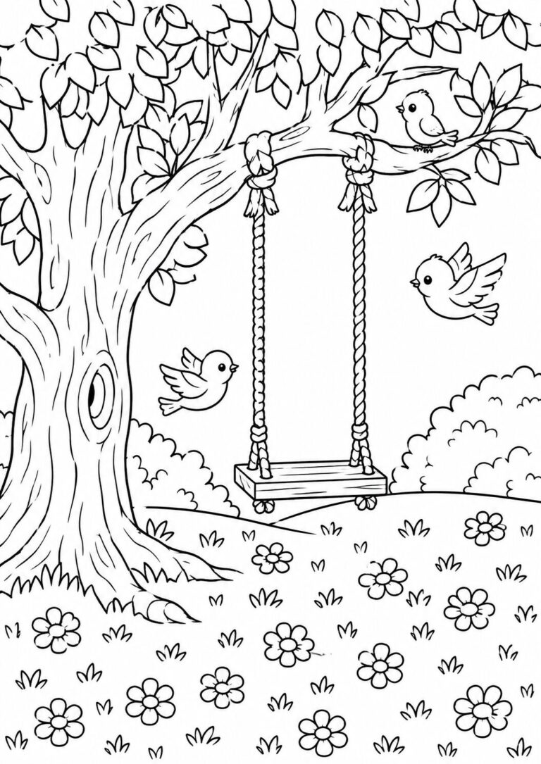 A peaceful coloring page showing a tree with a swing and several friendly birds playing around. The scene is completed with blooming flowers, inviting children to add colors to this serene nature setting.