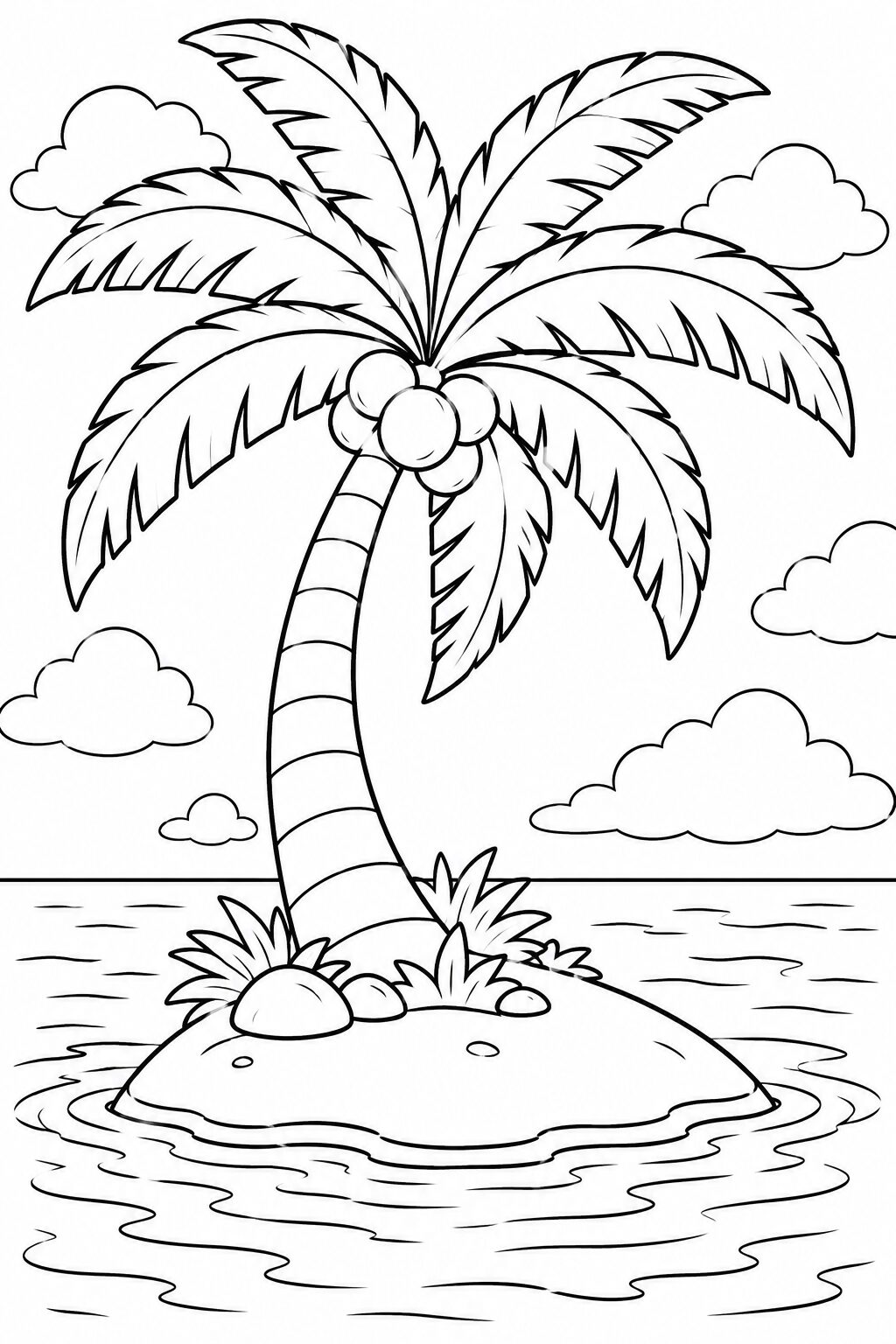 A coloring page displaying a tropical island with a tall palm tree surrounded by calm sea and floating clouds, inviting children to use colorful imagination.
