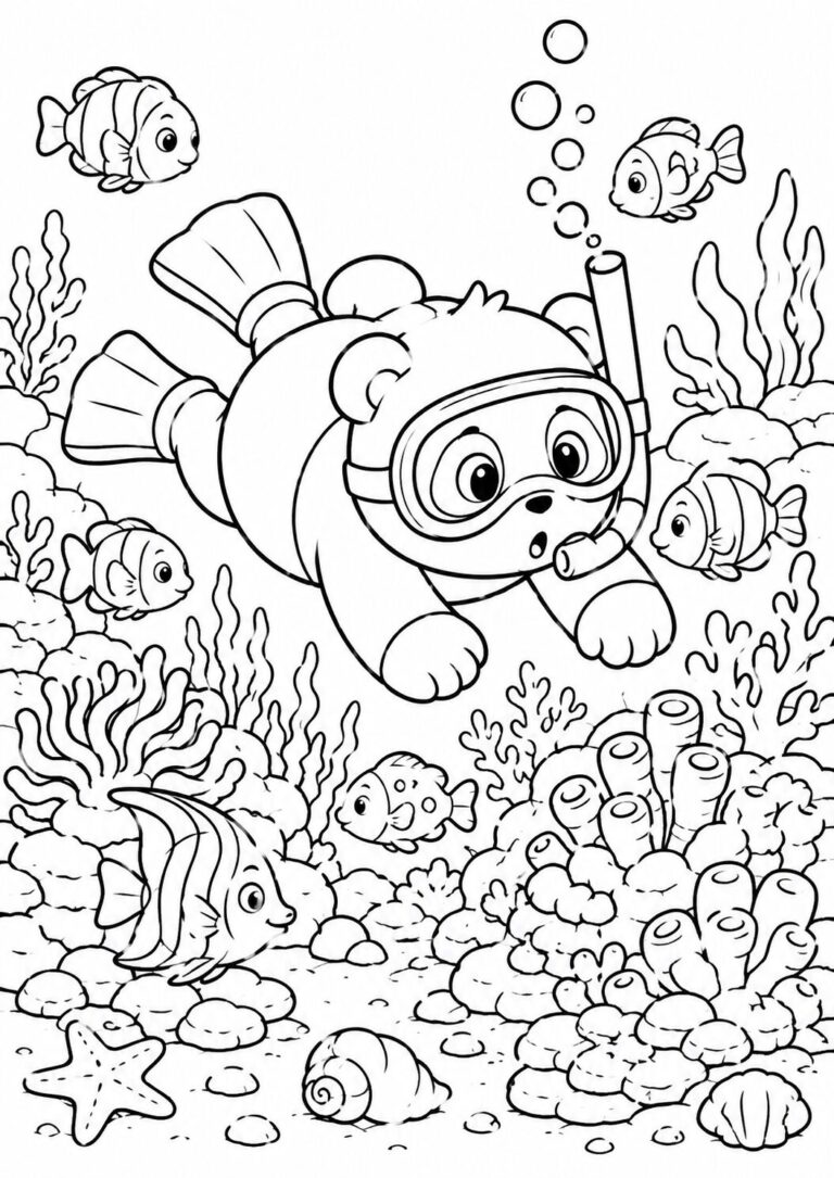 A bear wearing snorkel gear dives underwater, surrounded by various fish and intricate coral formations, offering a delightful and educational coloring opportunity for children.