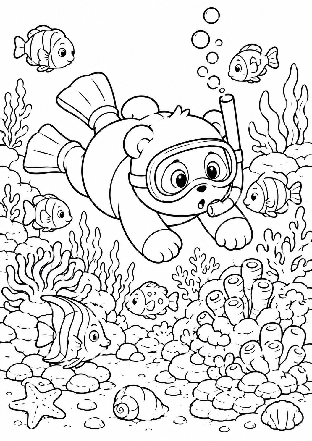 A bear wearing snorkel gear dives underwater, surrounded by various fish and intricate coral formations, offering a delightful and educational coloring opportunity for children.