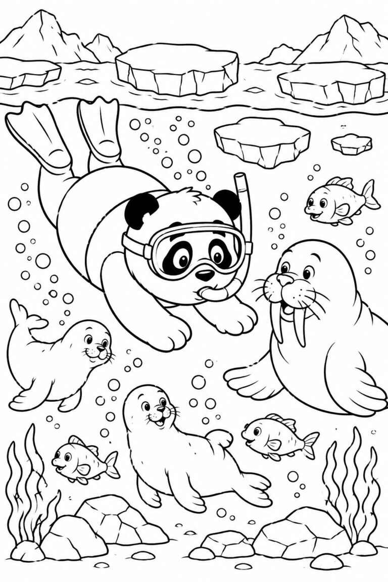 A delightful underwater scene with a swimming panda using a snorkel surrounded by friendly seals and fish. Icebergs float above while the playful marine life adds excitement to this coloring page. Children can bring this adventurous underwater world to life with color.