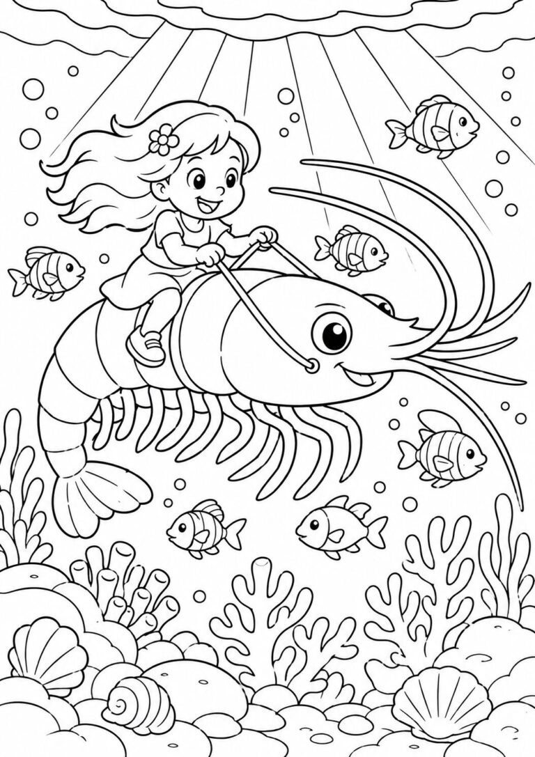 A child riding a shrimp underwater, surrounded by fish and coral, creating a lively marine scene for coloring enthusiasts.