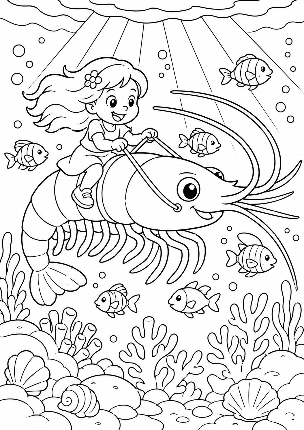 A child riding a shrimp underwater, surrounded by fish and coral, creating a lively marine scene for coloring enthusiasts.