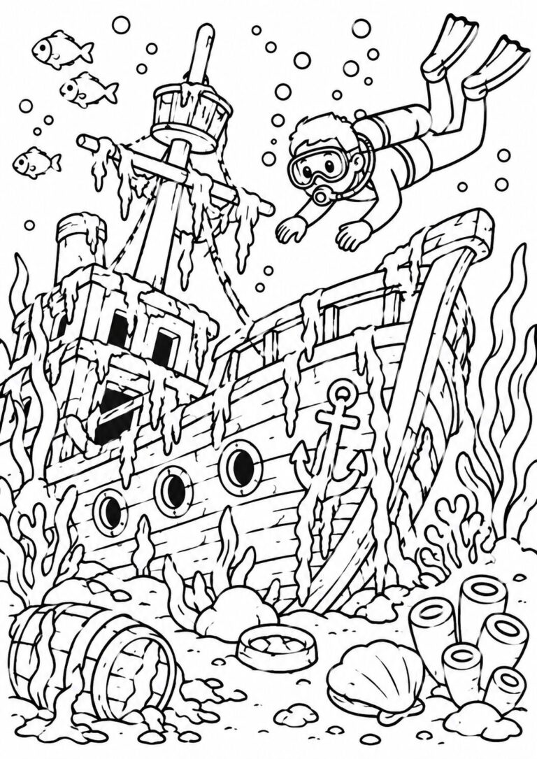 Coloring page of an underwater adventure with a scuba diver exploring a sunken ship surrounded by fish and sea plants. Ideal for kids to engage with marine exploration themes creatively.