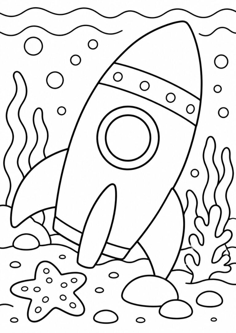 A children's coloring page featuring a rocket underwater surrounded by seaweed, bubbles, and a starfish, inviting creativity and fun.