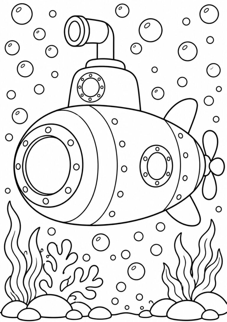 A delightful coloring page showing a friendly submarine navigating through an underwater world. Kids can color vibrant bubbles, seaweeds, and rocks while imagining ocean adventures.