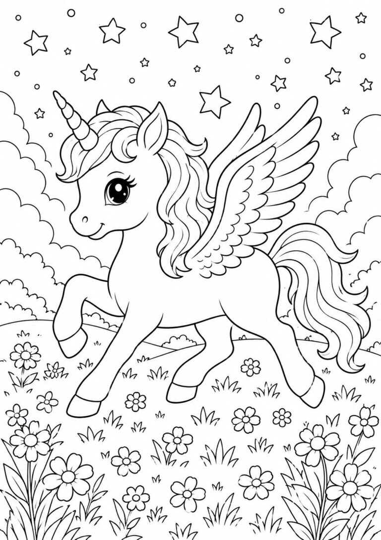 Coloring page featuring a charming unicorn with wings, trotting in a whimsical meadow filled with flowers and stars in the sky, providing a delightful scene for children to color.
