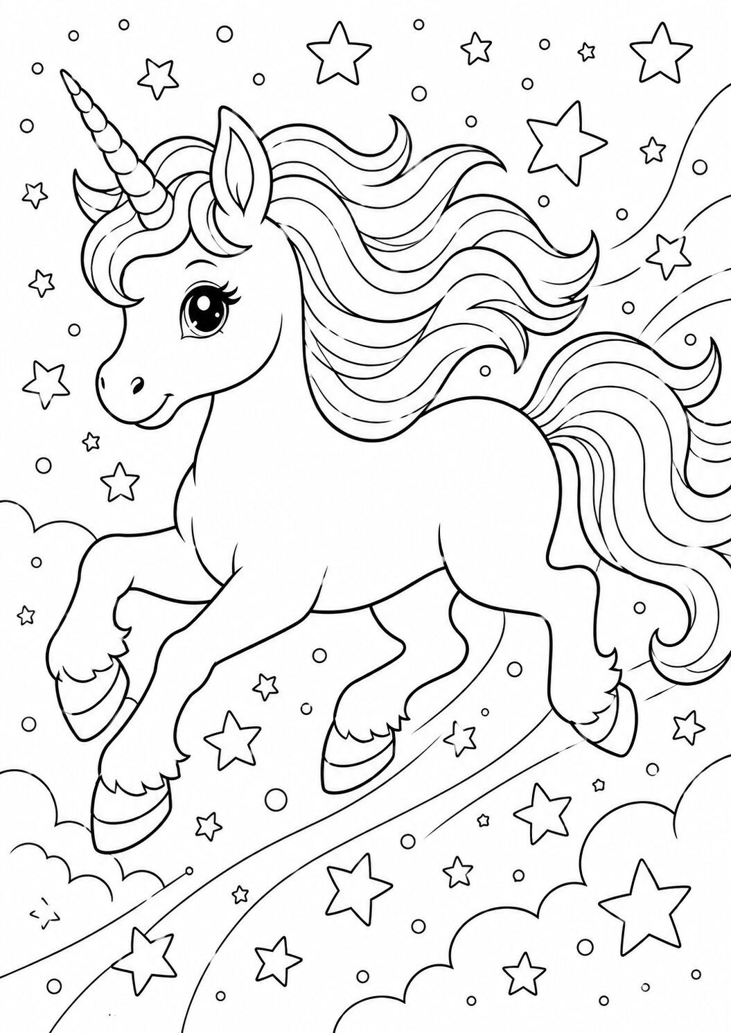 A kids' coloring page with a unicorn, surrounded by stars and clouds. Perfect for children to color and enjoy a magical experience.