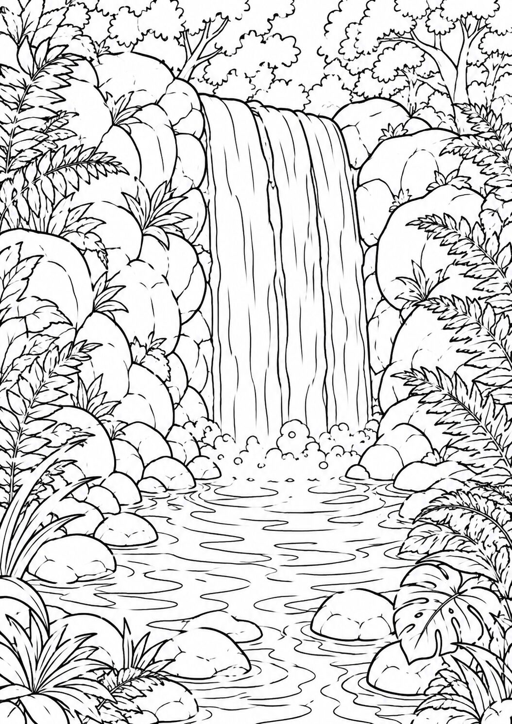 A detailed coloring page featuring a majestic waterfall flowing between rocks, surrounded by detailed leafy plants and trees, inviting children to explore nature through coloring. Ideal for cultivating artistic skills and appreciation for landscapes.