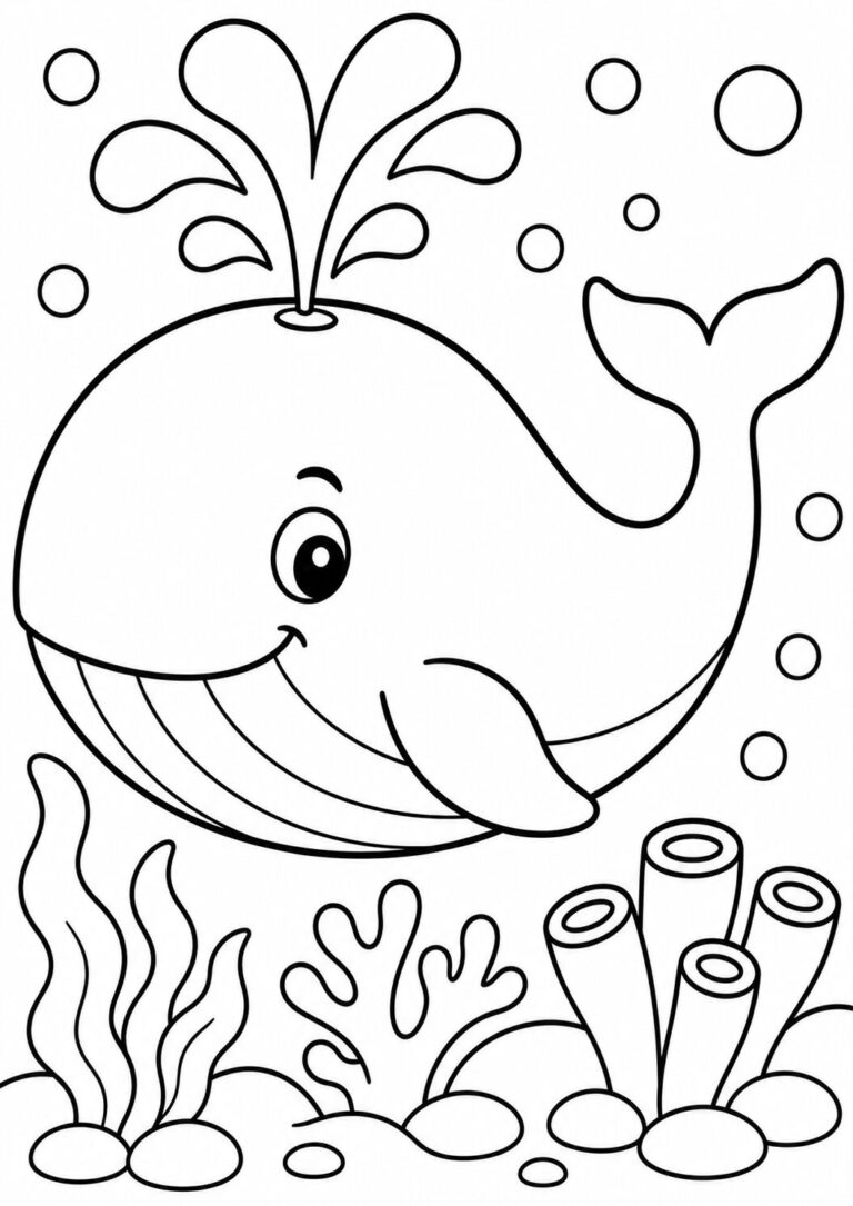 A cute whale with a big smile swimming in the ocean surrounded by bubbles and plants, perfect for kids to color.