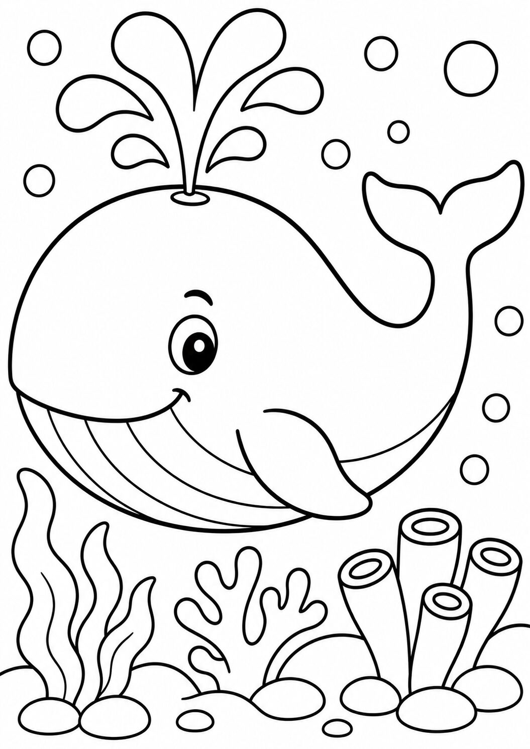 A cute whale with a big smile swimming in the ocean surrounded by bubbles and plants, perfect for kids to color.