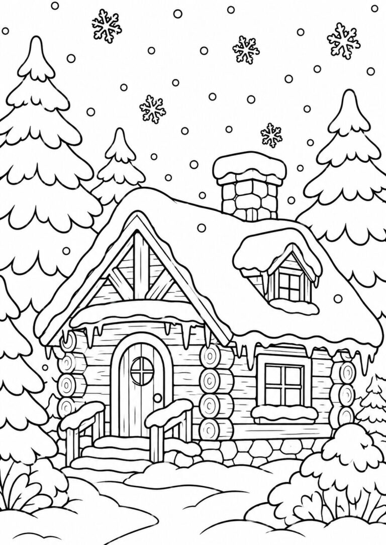 A cozy winter cabin with snow-covered roof, surrounded by pine trees and snowflakes, perfect for children's coloring activities.