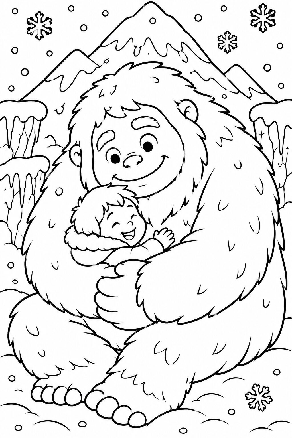 A friendly Yeti hugging a child in a snowy landscape, surrounded by mountains and snowflakes. Children can color this delightful winter scene, adding their own imaginative touches to the mythical and cozy embrace.
