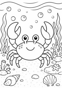 A delightful children's coloring page showcasing a friendly crab in an underwater setting, with seashells, coral, and bubbles, offering a fun and engaging activity for young artists.