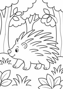 A charming hedgehog surrounded by lush greenery in a forest setting, designed as a simple outline coloring page for children to enhance creativity and motor skills.