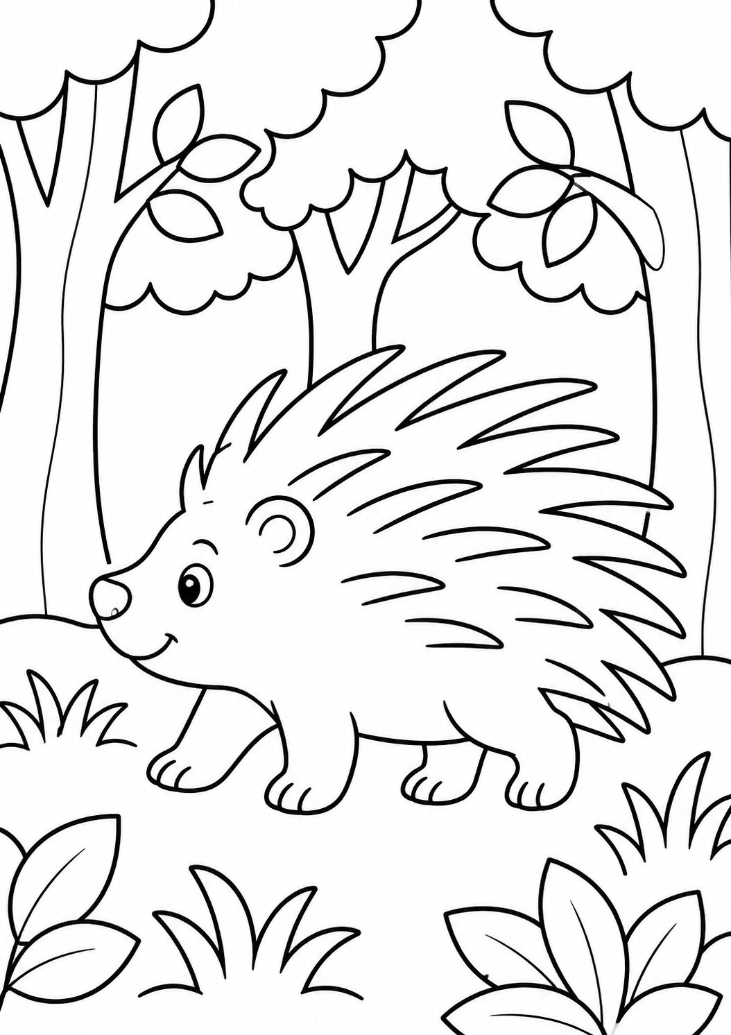 A charming hedgehog surrounded by lush greenery in a forest setting, designed as a simple outline coloring page for children to enhance creativity and motor skills.