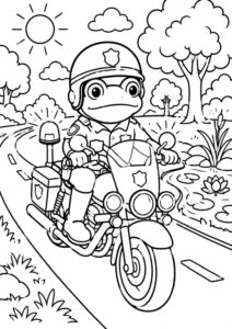 Coloring page showing a frog police officer on a motorcycle, surrounded by trees, plants, and a sunny sky, perfect for kids.