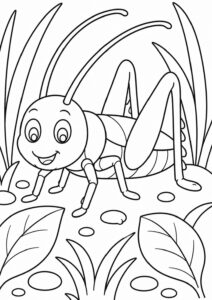 A coloring page featuring a cheerful grasshopper in a garden setting. The background includes grass and large leaves for children to color, adding vibrant details to the scene.