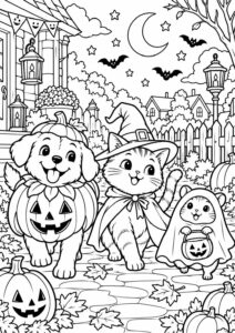 A Halloween parade coloring page with animals in costumes. A dog, cat, and a small rodent join the fun amidst autumn leaves, pumpkins, and a starry night sky.