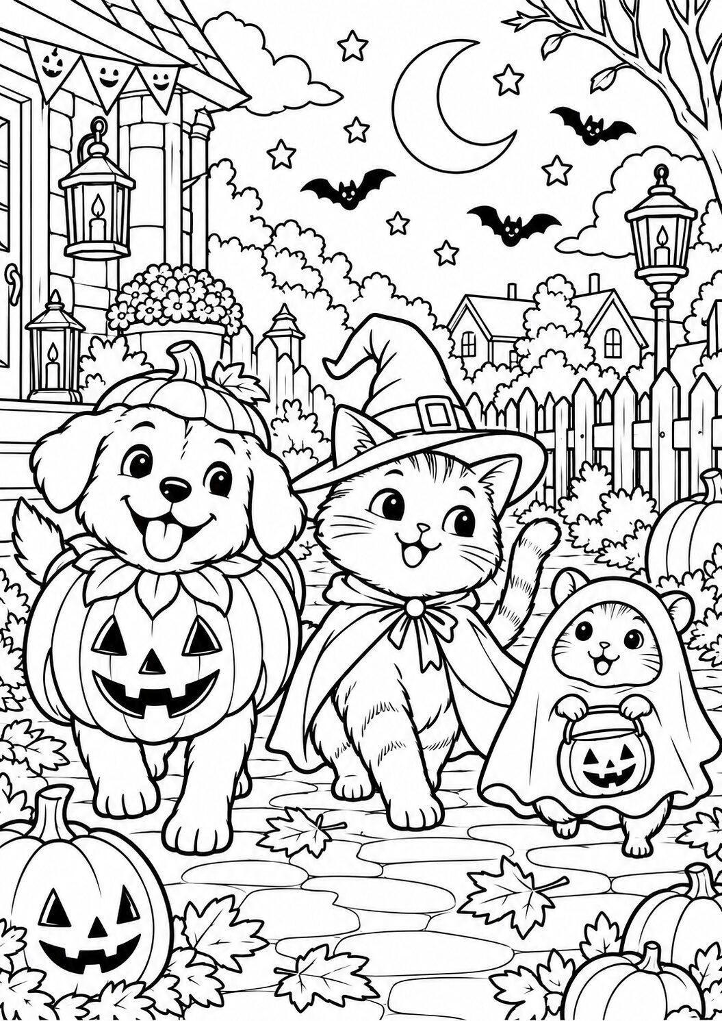 A Halloween parade coloring page with animals in costumes. A dog, cat, and a small rodent join the fun amidst autumn leaves, pumpkins, and a starry night sky.